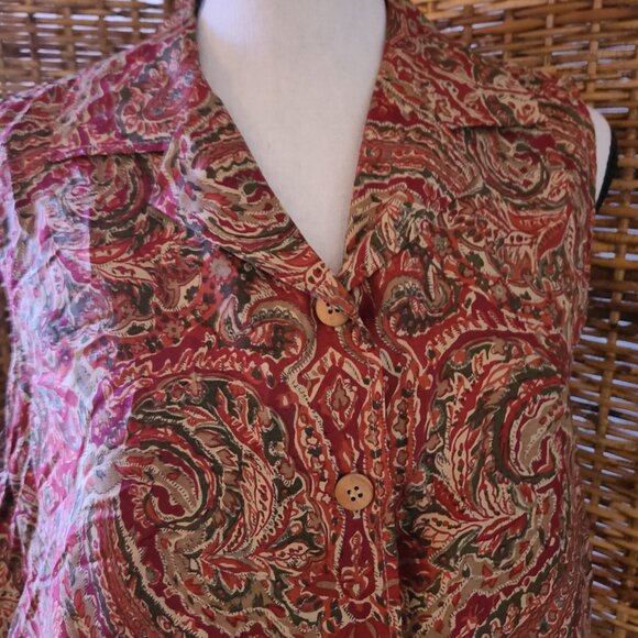 VTG Jones New York Sleeveless Blouse Paisley Silk Linen Blend SZ 12 Wood Buttons - Picture 3 of 7